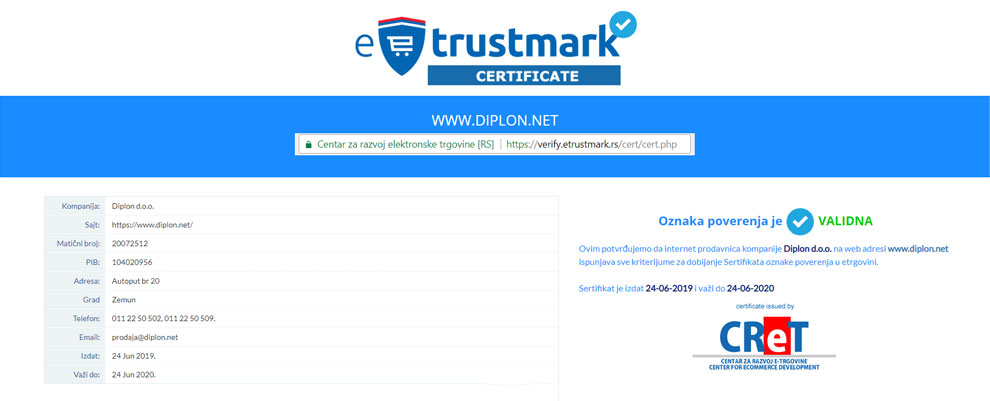 Diplon kupatila eTrustmark sertifikat