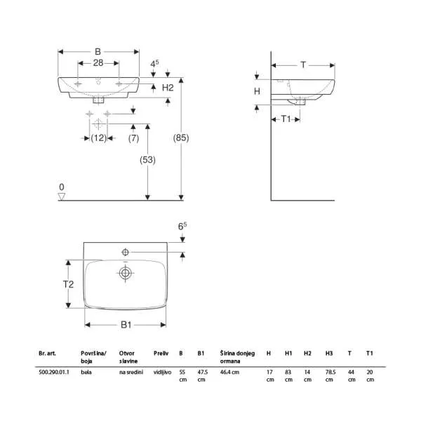 Selnova Square lavabo 55cm 