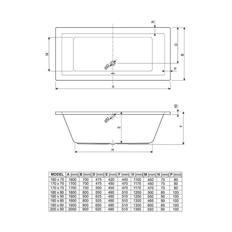 Plane kada 170x70cm set 